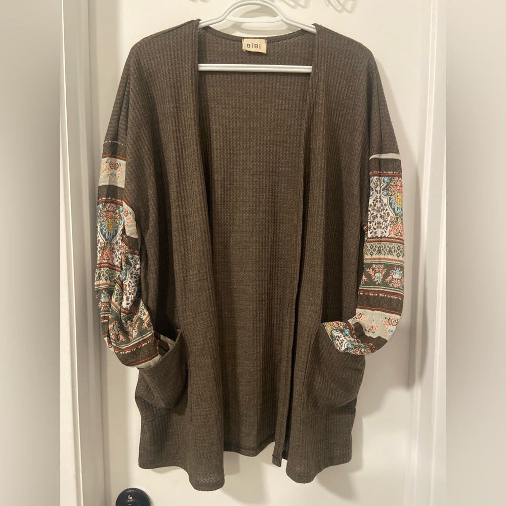 BiBi Olive Brown Open-Front Cardigan with Patterned Sleeves